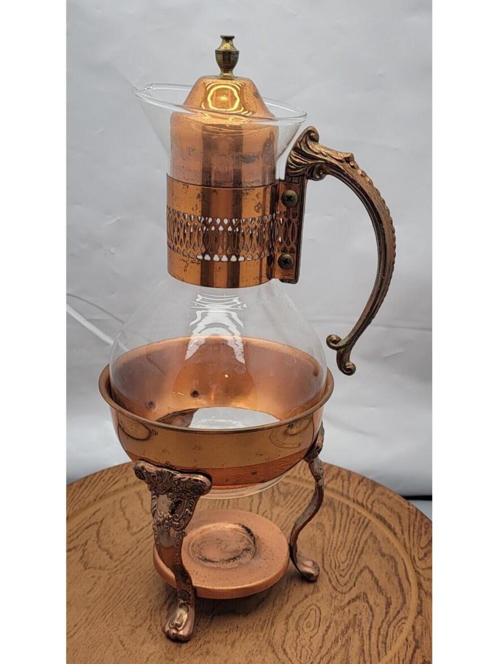Princess House Copper Coffee Tea Pot Carafe Warming Stand 14" Lid Vintage